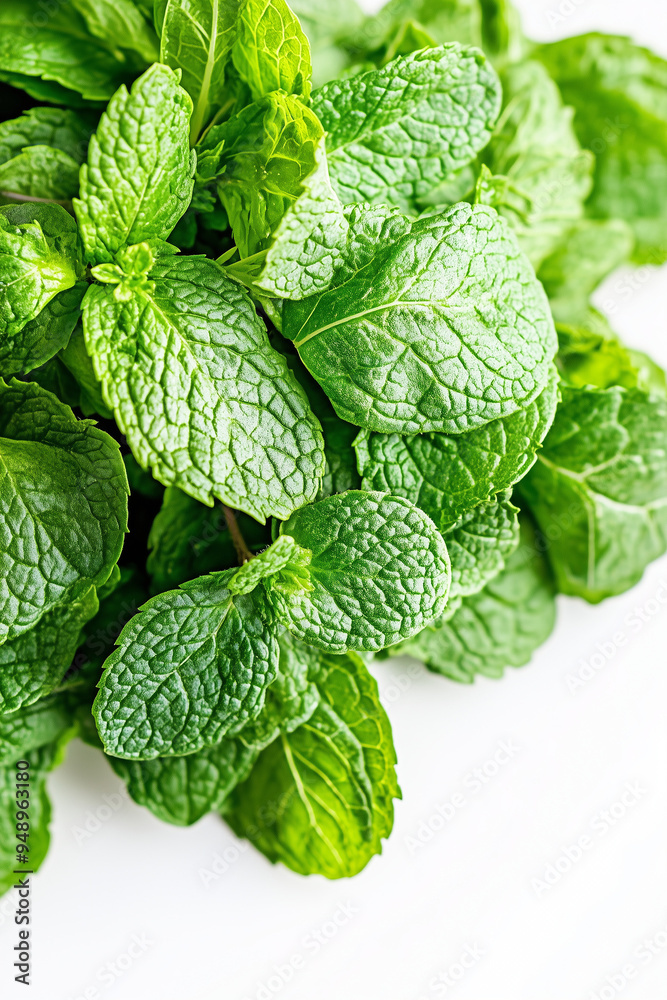 Vibrant Green Mint Leaves Close-Up on White Background Vibrant Green Mint Leaves Close-Up on White Background