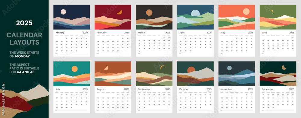 Vertical calendar template 2025 year. Suitable for A3 A4 A5 format