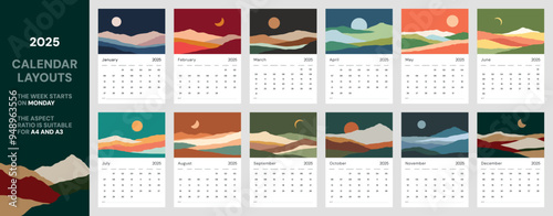 Vertical calendar template 2025 year. Suitable for A3 A4 A5 format. With travel adventure landscape colorful illustrations in flat style. Wall calendar layout with week start Monday 12 months included