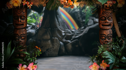 A tropical theme backdrop sign for photography or copyspace for custom type and graphics - rainbow, cave with tiki gods with palm leaves and plants - 3D