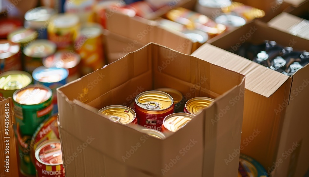 Carton box filled with food donations for a relief bank, symbolizing community support volunteer