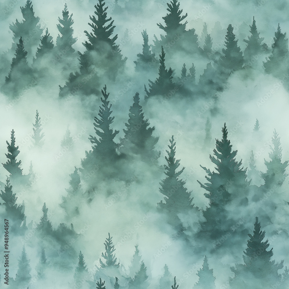 Obraz premium Misty winter forest in the fog, green color tones. Seamless pattern