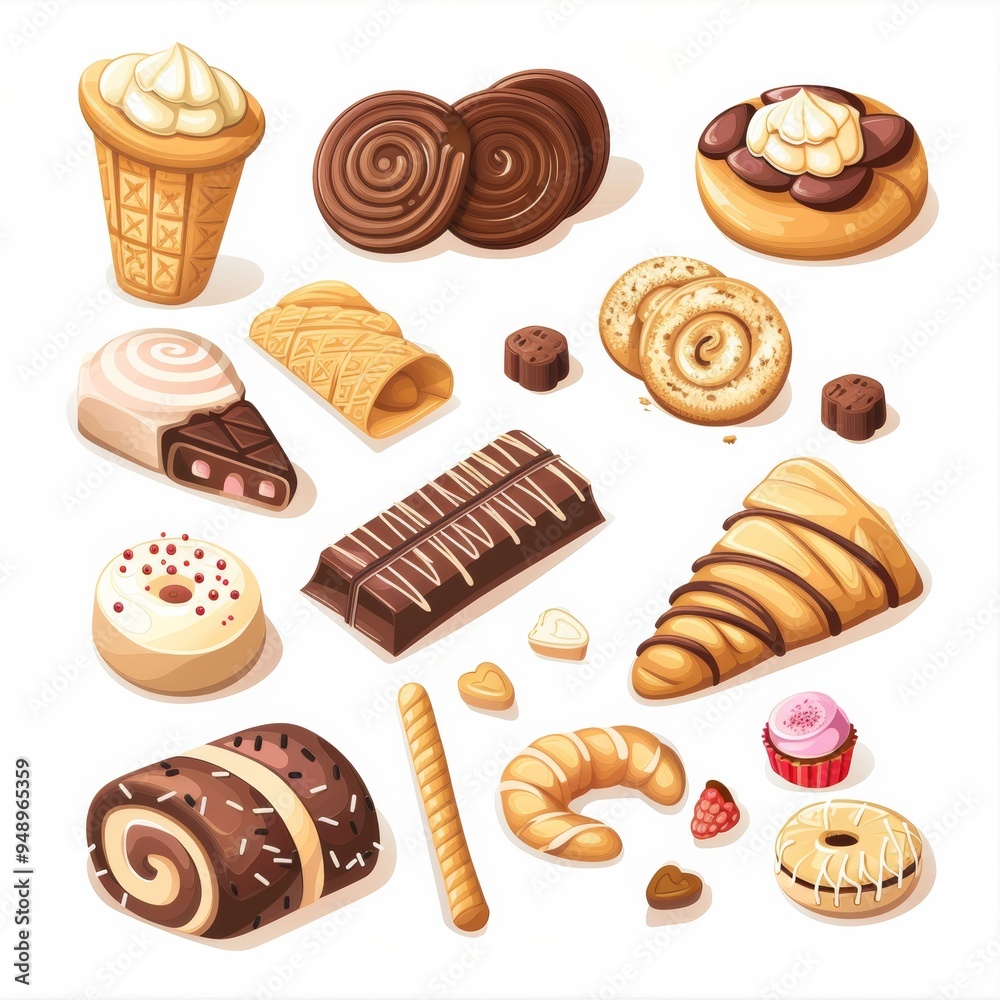Cartoon vector set wafer rolls icons, featuring choco sticks and sweet rolls, perfect for dessert Cartoon vector set wafer rolls icons, featuring choco sticks and sweet rolls, perfect for dessert