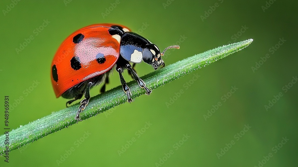 Fototapeta premium A close-up of a red and black bug on a green stem with water droplets on its back legs