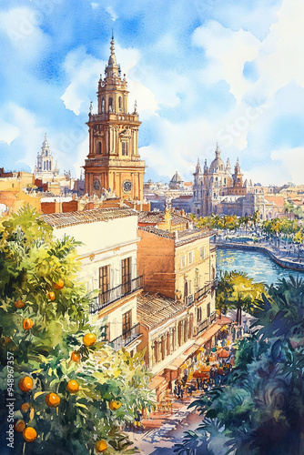 Realistic Watercolor Panorama of Seville Showcasing Its Architectural Beauty and Lively Streets
