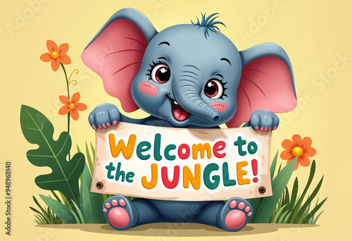 A playful baby elephant holding a banner with its trunk that says 'Welcome to the Jungle!' in colorful, bold letters.