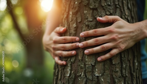 Hands Embracing a Tree Trunk in  Soft Light photo