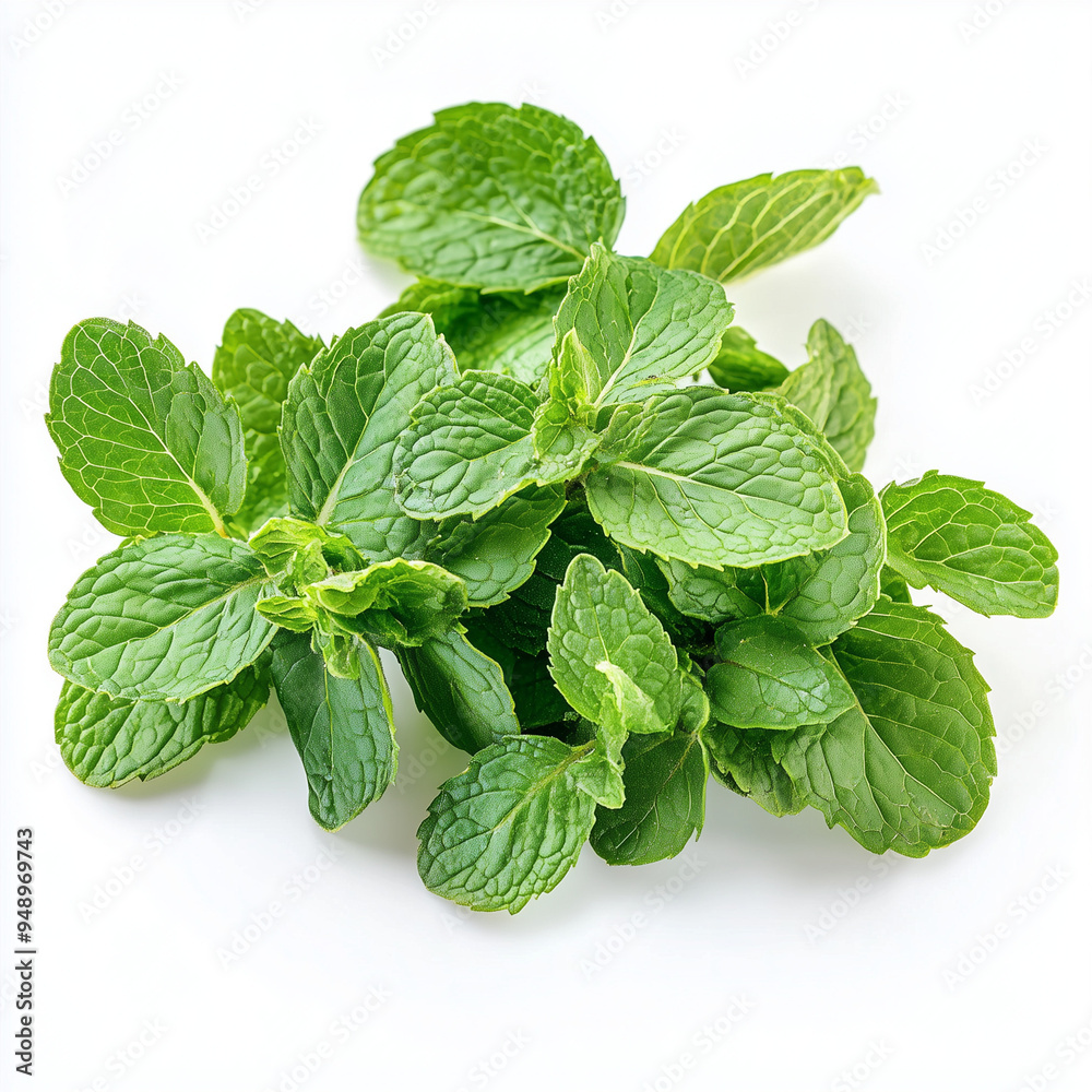 Vibrant Cluster of Fresh Mint Leaves on White Background Vibrant Cluster of Fresh Mint Leaves on White Background