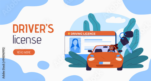 Drivers license poster. Education at driving school. Woman at car or automobile with documents. ID card for personal identification. Landing webpage design. Flat vector illustration