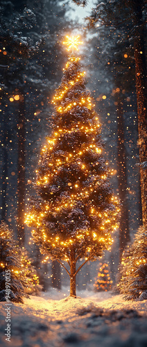 Tall Triangular Christmas Tree with Numerous Lights and Snow-Covered Trees on a Dark Background 