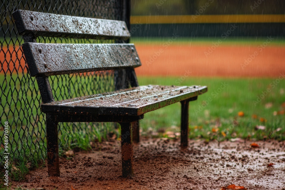 Close Up Aluminum Fence: Baseball Bench in Grass and Dirt Dugout, Black Chain Link Fence with Muddy Red Infield Close Up Aluminum Fence: Baseball Bench in Grass and Dirt Dugout, Black Chain Link Fence with Muddy Red Infield