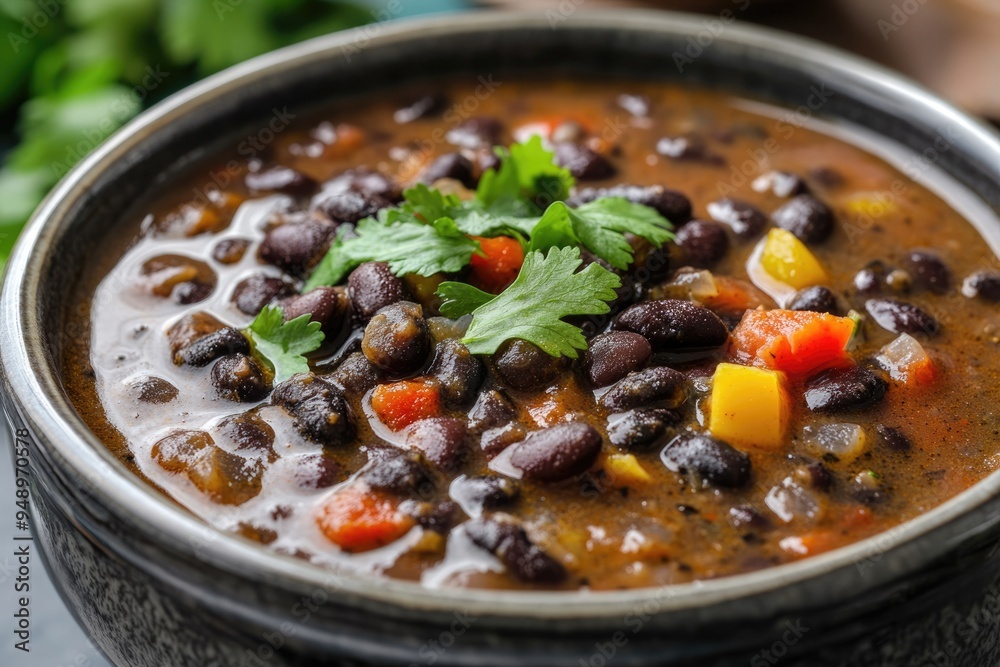 Cuban Black Beans. A Close Up of Spicy Black Bean Soup in a White Bowl on a Healthy Vegetarian Background Cuban Black Beans. A Close Up of Spicy Black Bean Soup in a White Bowl on a Healthy Vegetarian Background
