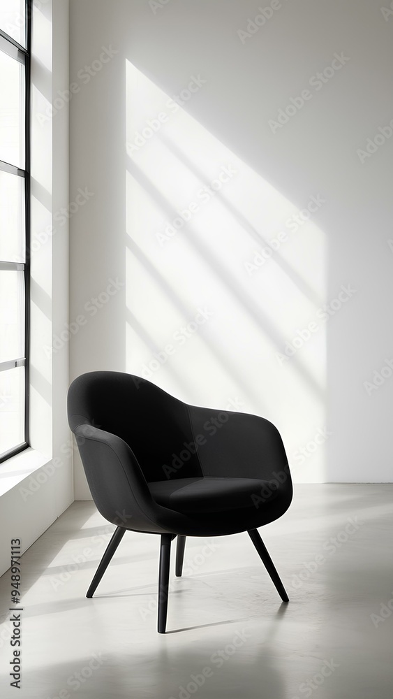 A minimalist scene featuring a single, sleek black chair positioned in the center of a vast, white-walled room. A minimalist scene featuring a single, sleek black chair positioned in the center of a vast, white-walled room.