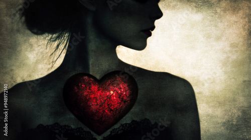 Captured heart suspended within female silhouette split by playful deities timeless impressionist vintage tones bold monochrome contrasts hint red surreal Degas style soft filter
 photo