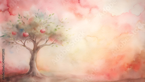Watercolor illustration with an  apple tree, symbolizing health, growth, and a fresh start, in soft gradient of pastel pink and cream