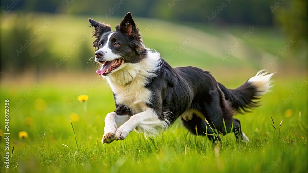 A sleek black and white Border Collie sprinting across a lush green meadow, its agile body in mid-stride, capturing the essence of canine energy and freedom. A sleek black and white Border Collie sprinting across a lush green meadow, its agile body in mid-stride, capturing the essence of canine energy and freedom.