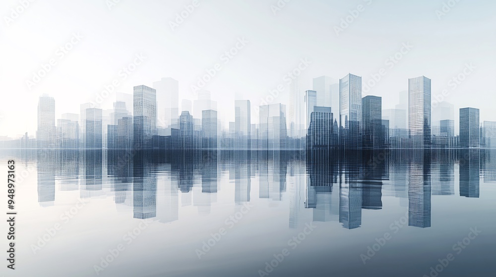 Graphic of a city skyline reflected in a body of water with the reflection subtly distorted for an artistic effect Graphic of a city skyline reflected in a body of water with the reflection subtly distorted for an artistic effect
