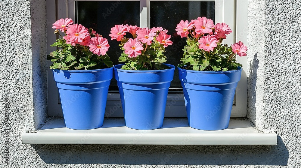 Three blue flower pots on a window sill, with pink geranias in front of a white stucco wall Three blue flower pots on a window sill, with pink geranias in front of a white stucco wall