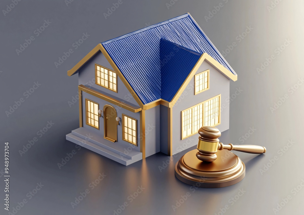 A real estate or property law image with small model house with a blue roof and golden accents placed next to a judge's gavel, symbolizing, set against a neutral background A real estate or property law image with small model house with a blue roof and golden accents placed next to a judge's gavel, symbolizing, set against a neutral background