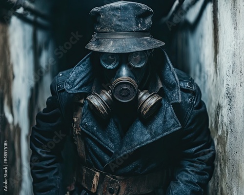 A spy, disguised as an officer, infiltrates a fortified underground bunker, equipped with a gas mask and forged documents, in a high-stakes covert mission.