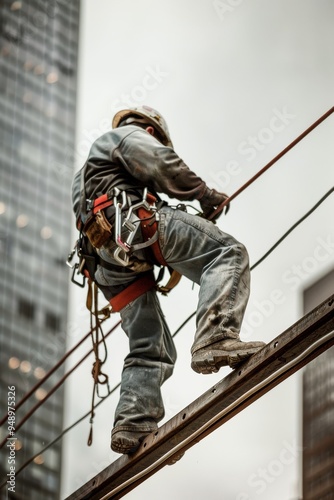 Construction worker in a safety harness and line, working diligently at height, emphasizing safety