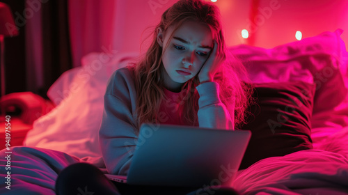 A woman sitting on a bed with her head in hand, AI