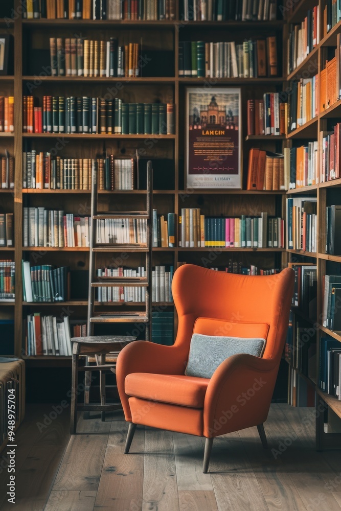 Contemporary library with a framed poster mockup, highlighting literature, knowledge, and modern Contemporary library with a framed poster mockup, highlighting literature, knowledge, and modern