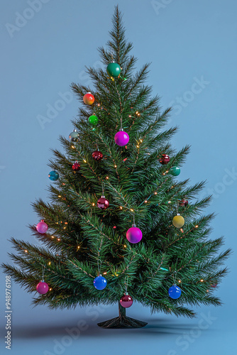 Exquisite Festive Evergreen Tree adorned with Sparkling Vintage Ornaments in Diverse Shapes and Vibrant Multicolored Tiny Lights Hyper Detailed isolated on Soft Blue Backdrop
 photo