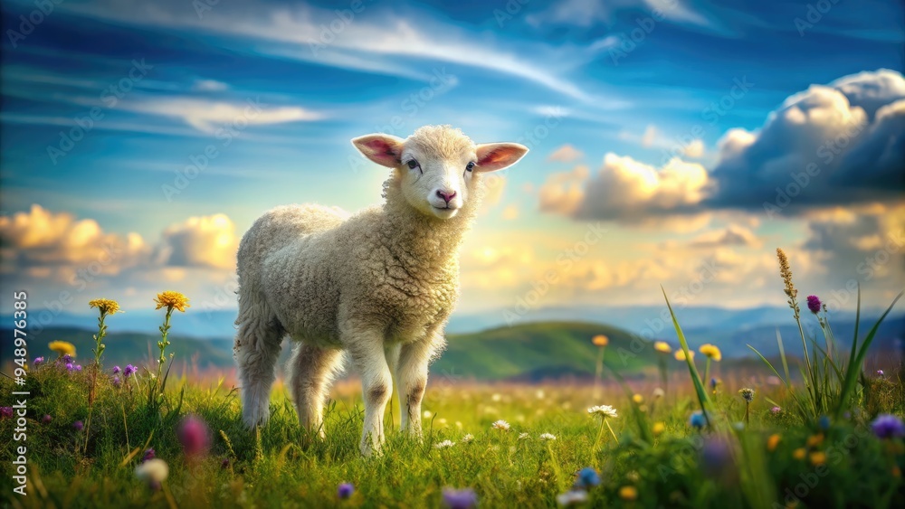 A small, fluffy lamb stands alone in a serene, sunlit meadow filled with vibrant wildflowers, soft green grass, and a gentle, cloudy blue sky. A small, fluffy lamb stands alone in a serene, sunlit meadow filled with vibrant wildflowers, soft green grass, and a gentle, cloudy blue sky.