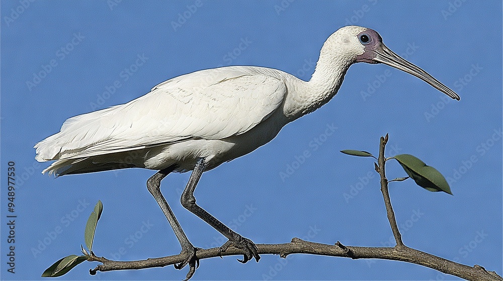 Large white bird perched atop leaf-draped branch amidst blue sky Large white bird perched atop leaf-draped branch amidst blue sky