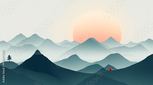 Graphic of a mountain range with a small tent at the base using minimal lines and a gradient sky