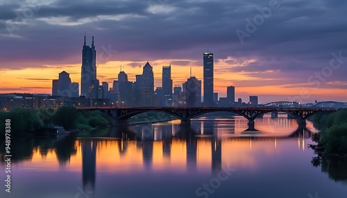 The beautiful city skyline and bridges set off against the tranquil river at dusk, and the sky is dyed with gentle purple and gray blue, making it charming and dreamy.