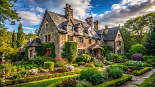 A stately, rustic, stone-built manse with a steeply pitched roof and overgrown garden, evoking a sense of history, solitude, and rustic refinement.