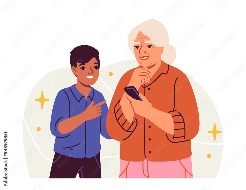 Family with smartphone. Boy with grandmother with mobile phone in hands. Grandparent with grandchild with gadget and device. Flat vector illustration isolated on white background Family with smartphone. Boy with grandmother with mobile phone in hands. Grandparent with grandchild with gadget and device. Flat vector illustration isolated on white background