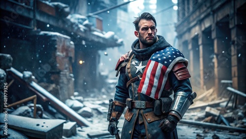 A stoic, brooding male character with a prosthetic arm, clad in a worn, patriotic uniform, stands vigilant, surrounded by snow-covered ruins and debris.