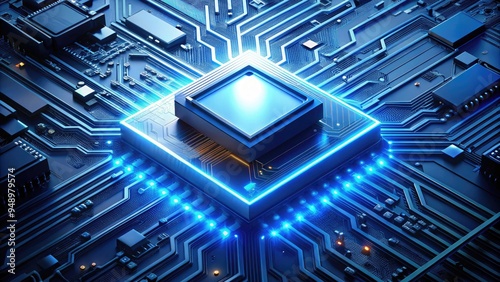 A stylized, 3D, blue memory chip icon with intricate circuits, surrounded by light, floating above a sleek, dark computer motherboard with glowing blue accents.