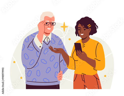 Family with smartphone. Girl with grandfather with mobile phone in hands. Elderly man with kid with gadget and device. Poster or banner. Flat vector illustration isolated on white background