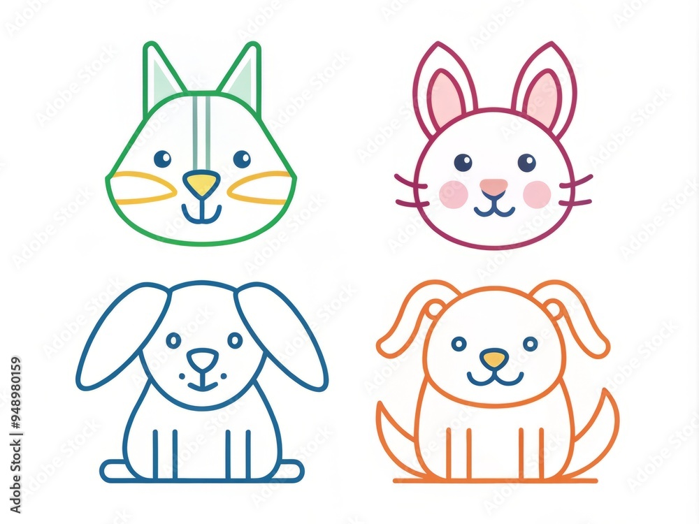 Stylish minimalist vector icons of cute animals, including a cat, dog, bird, and rabbit, in bold lines and bright Stylish minimalist vector icons of cute animals, including a cat, dog, bird, and rabbit, in bold lines and bright