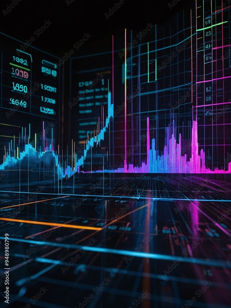 Abstract Financial Visualization Neon-lit financial graphs in a dynamic digital landscape. Abstract Financial Visualization Neon-lit financial graphs in a dynamic digital landscape.