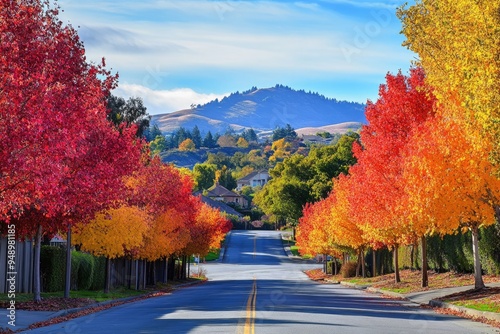Danville Ca. Colorful Autumn Trees Along Road with Mt Diablo Summit in Background, Contra Costa County, California