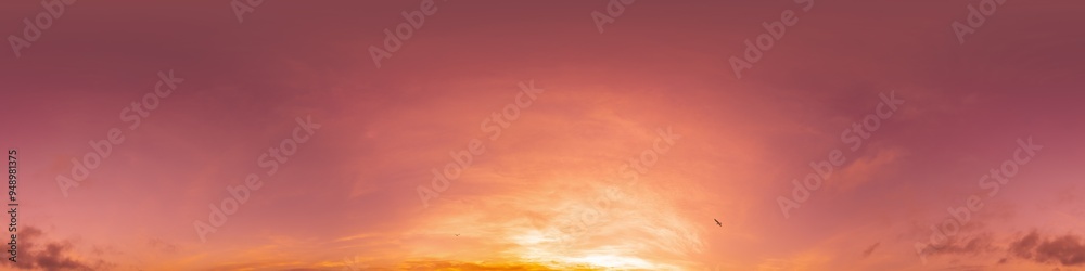 Fototapeta premium 360 panorama of glowing sunset sky with bright pink Cirrus clouds. HDR 360 seamless spherical panorama. Full zenith or sky dome sky replacement for aerial drone panoramas. Climate and weather change.