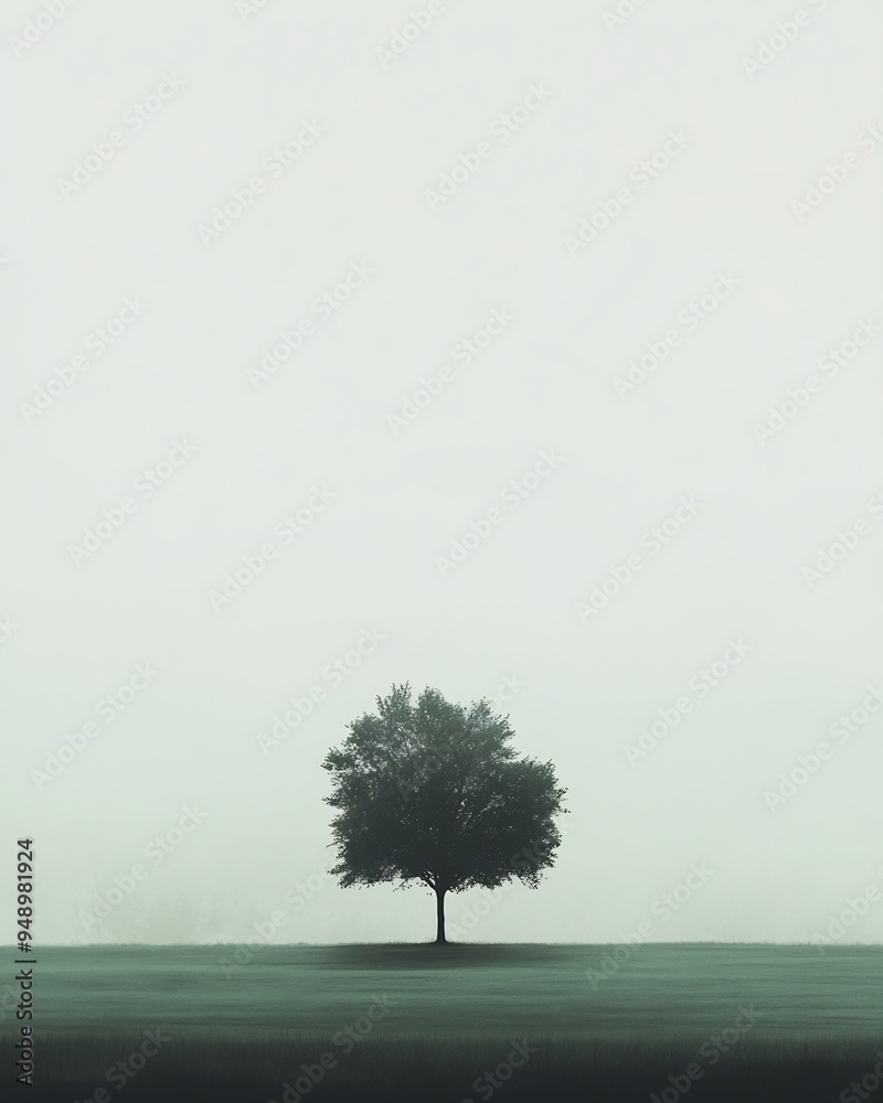 Minimal poster design with a single tree standing alone in a vast open field emphasizing solitude and nature
