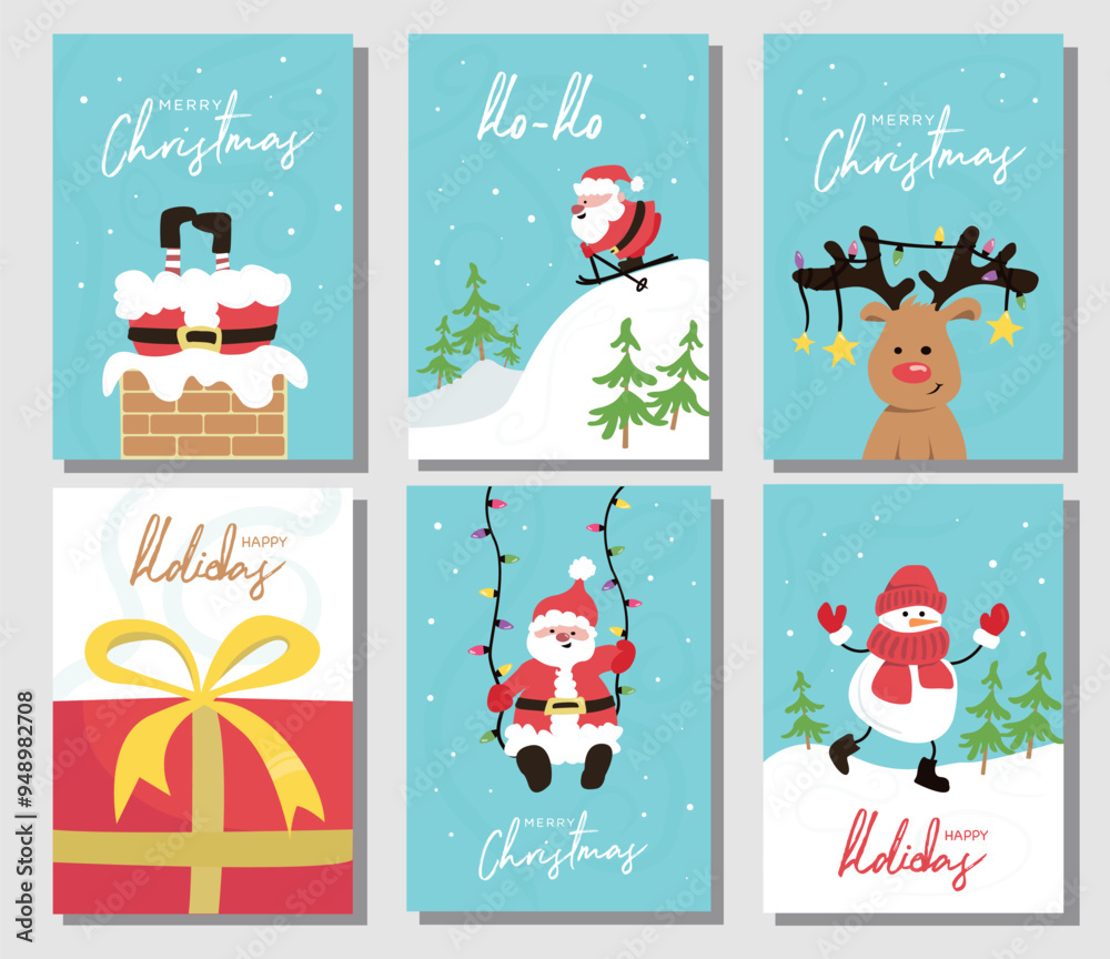 Fototapeta premium Set of 6 Vector Merry Christmas and Happy Holidays greeting card set with cute Santa Claus, deer and snowman.