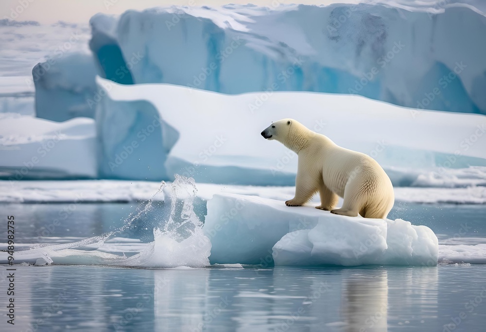 A Dramatic Action Shot Of A Powerful Polar Bear Surfing On Icebergs Across An Expanse Of The Arctic Ocean A Dramatic Action Shot Of A Powerful Polar Bear Surfing On Icebergs Across An Expanse Of The Arctic Ocean
