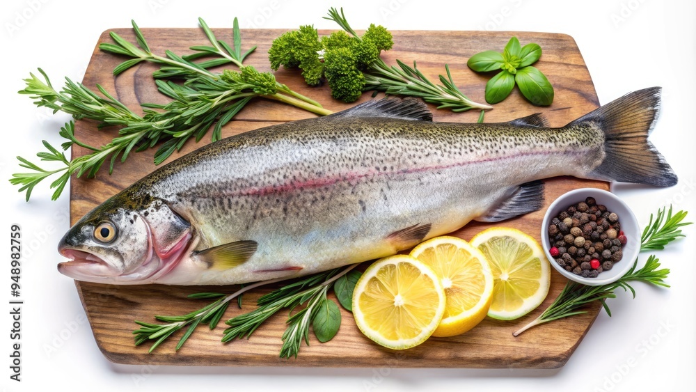 A vibrant, freshly caught rainbow trout lies isolated on a rustic wooden cutting board, surrounded by herbs and lemon, against a clean white background. A vibrant, freshly caught rainbow trout lies isolated on a rustic wooden cutting board, surrounded by herbs and lemon, against a clean white background.