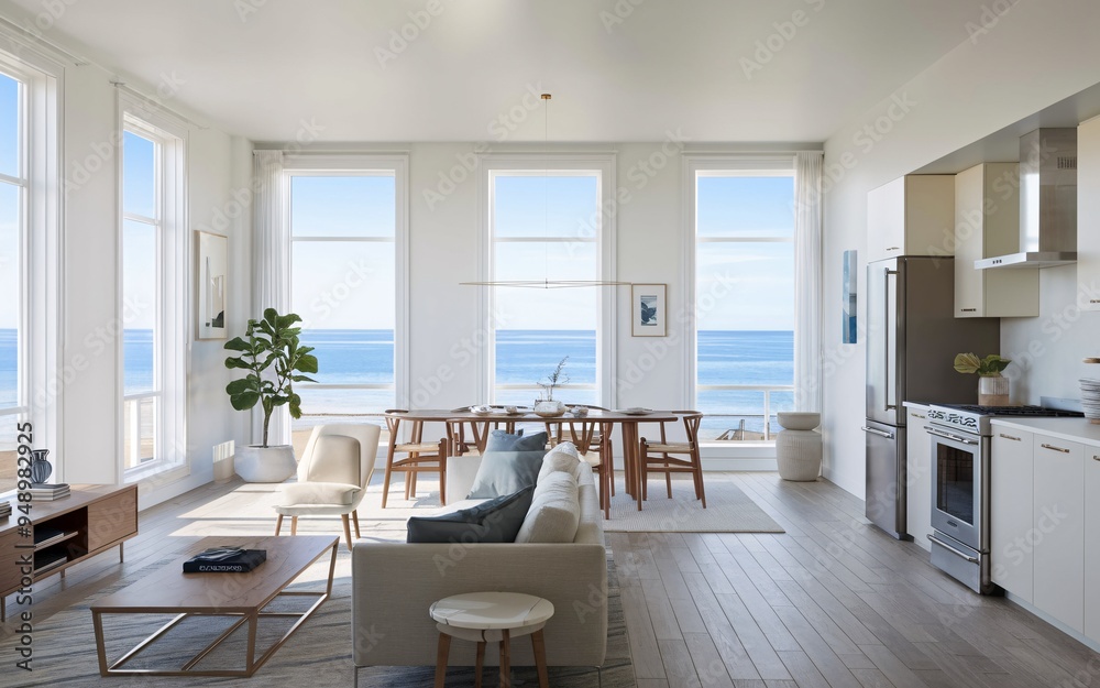 Coastal Living: Modern apartment with breathtaking ocean views. A spacious and stylish living area bathed in natural light, with floor-to-ceiling windows showcasing the vast expanse of the ocean. The Coastal Living: Modern apartment with breathtaking ocean views. A spacious and stylish living area bathed in natural light, with floor-to-ceiling windows showcasing the vast expanse of the ocean. The