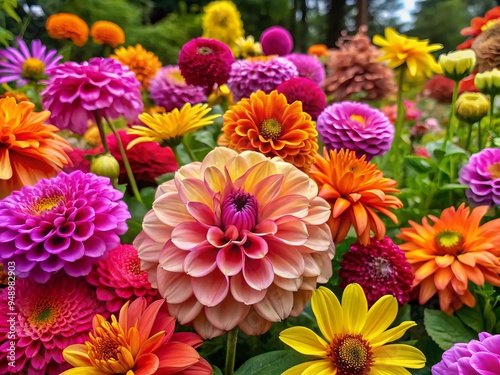 Vibrant blooms in shades of pink, yellow, orange, and purple burst forth from a lush garden bed, showcasing rich