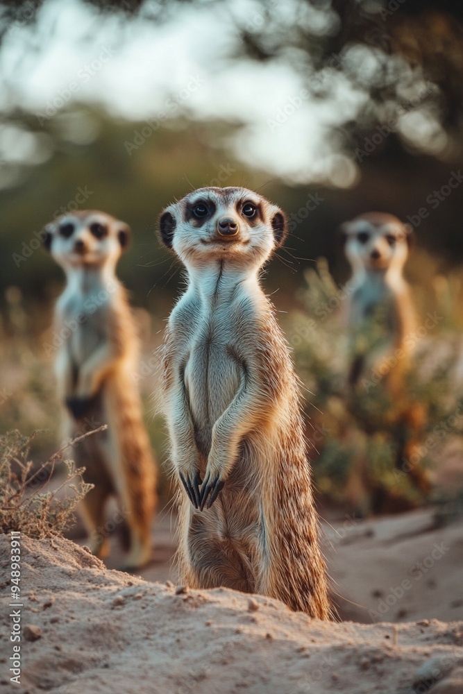 Fototapeta premium Curious Meerkats in Natural Habitat: Playful Wildlife Scene