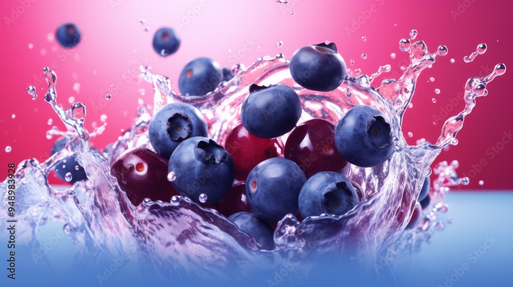 Fresh Blueberries with water splash on dark purple background. Neural network ai generated art Fresh Blueberries with water splash on dark purple background. Neural network ai generated art