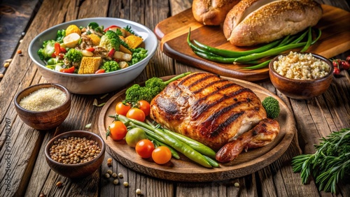 A warm and inviting dinner scene featuring a nutritious meal of grilled chicken, steamed vegetables, and whole grain bread on a rustic wooden table.